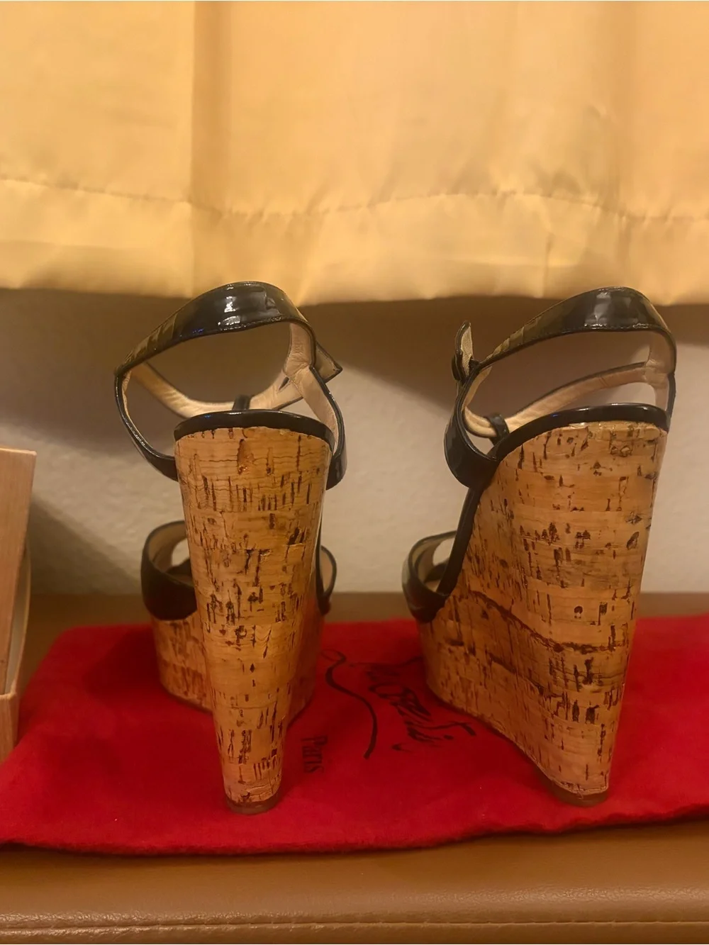 Christian Louboutin Black Patent Cork Platform T-Strap Women’s Wedge Sandals